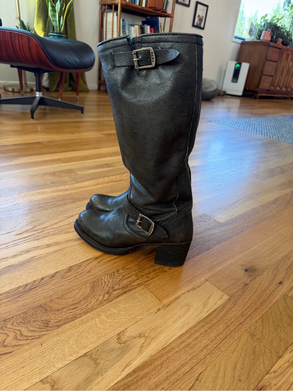 Frye Black Leather Buckle Knee-High Heeled Boots